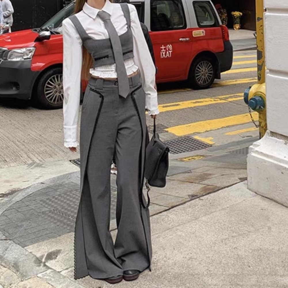 High-Waist Wide Leg Split Hem Pants - Gray